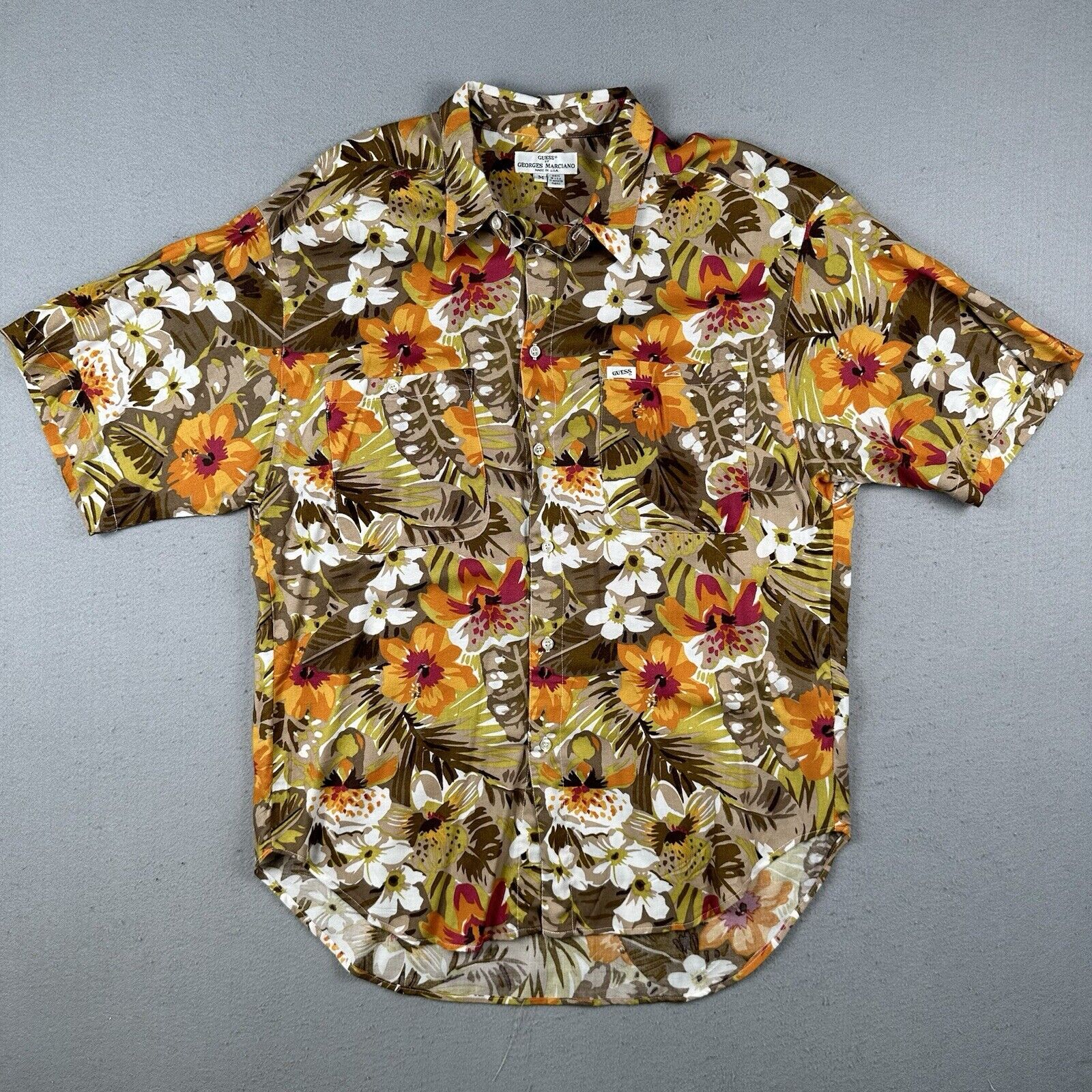 90s Guess Hawaiian Tropical Short Sleeve Button Up Shirt (Medium)