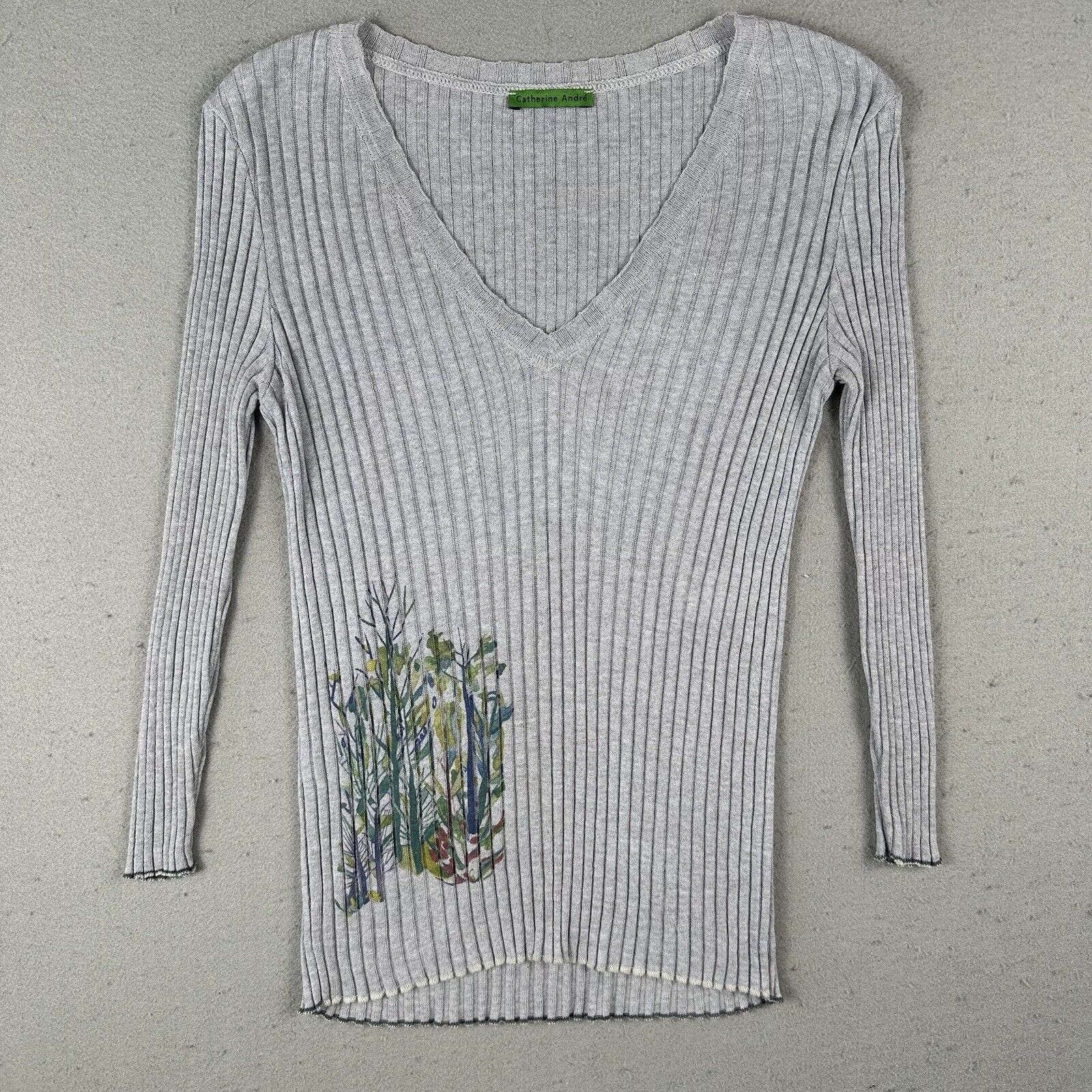 Catherine Andre Shirt Women’s M Gray Floral Ribbed 3/4 Sleeve V Neck Viscose